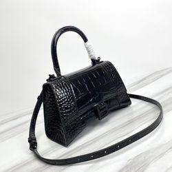 Balenciaga Hourglass Large Croc-Embossed Leather Bag in Black