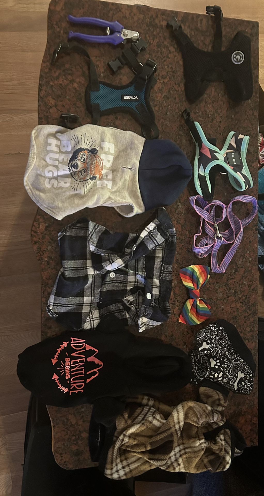 S/XS Dog Or Cat Lot. Clothes, harnesses, small Leash, Nail Clippers.