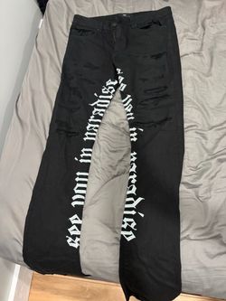 Black Distressed Jeans with Gothic Script