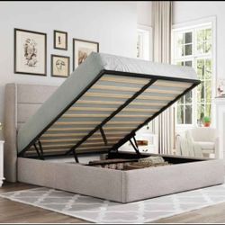 Queen Size Platform Bed Frame with Storage Drawers and Headboard, Diamond Stitched Button Tufted Mattress Foundation with Wooden Slats Support, Ligh