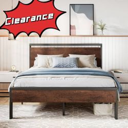 Clearances Full / Queen / King Size Bed Frame, Heavy Duty Metal Platform Bed with Wooden Headboard & Footboard, Mahogony