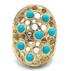 Gold Tone Turquoise 925 Sterling Silver Ring Size 7