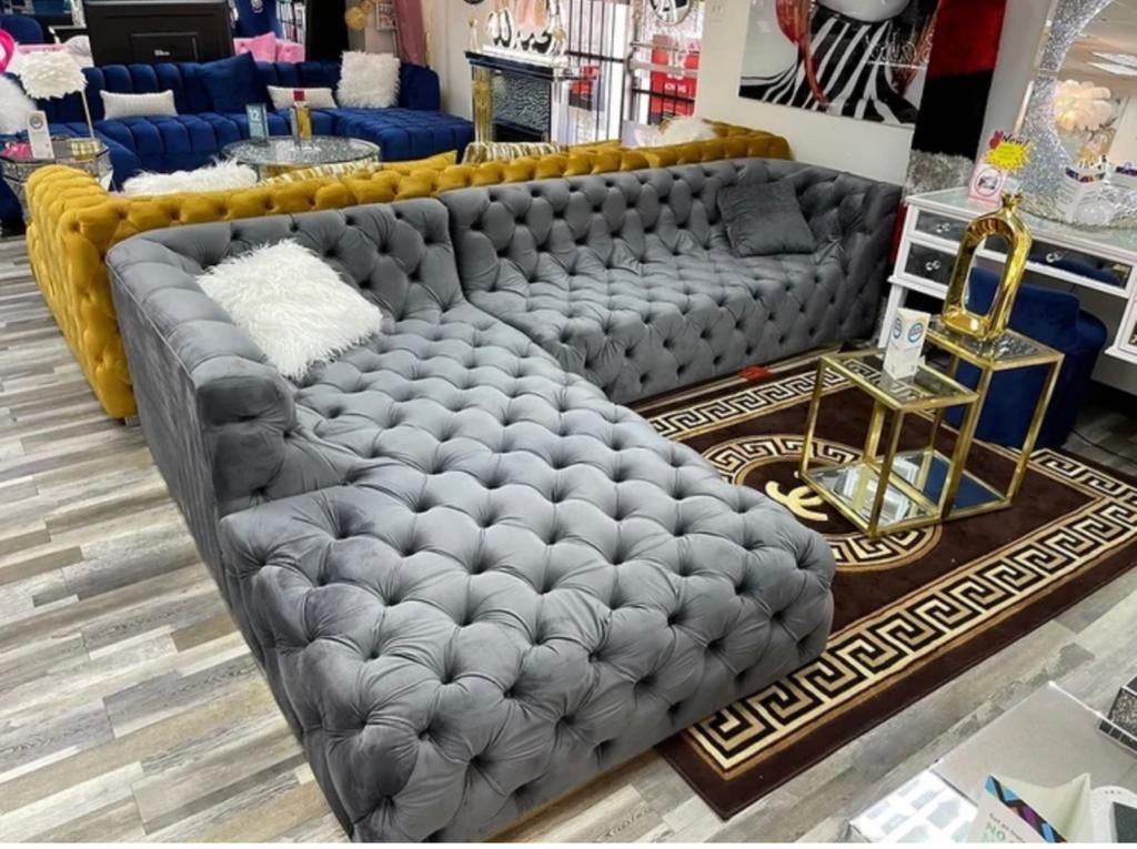 New Grey Velvet Sectional Tufted Gold Legs