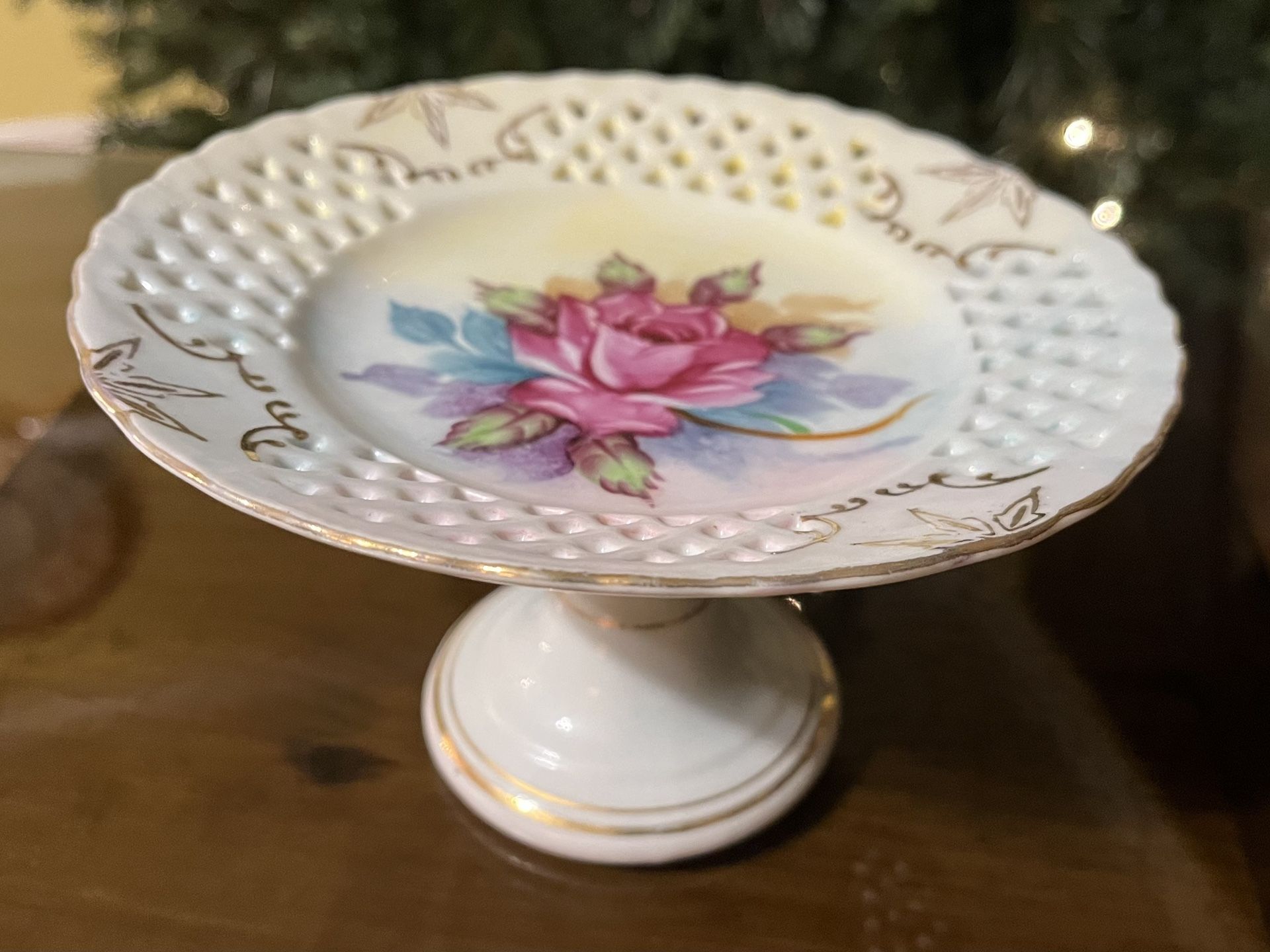 Vintage Porcelain Gilt Pedestal Dish Handpainted Pink Rose 6.5” Wide 3.75” Tall