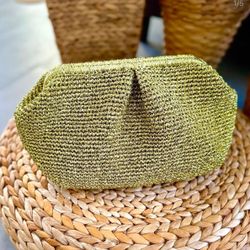 Handwoven Metallic Gold Raffia Pouch Clutch