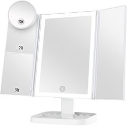 Makeup Mirror with Lights, 72 LEDs Vanity Mirror, 3 Color Lighting, Lighted Makeup Mirror, 1x 2X 3X Magnification, Touch Control, Dual Power Supply