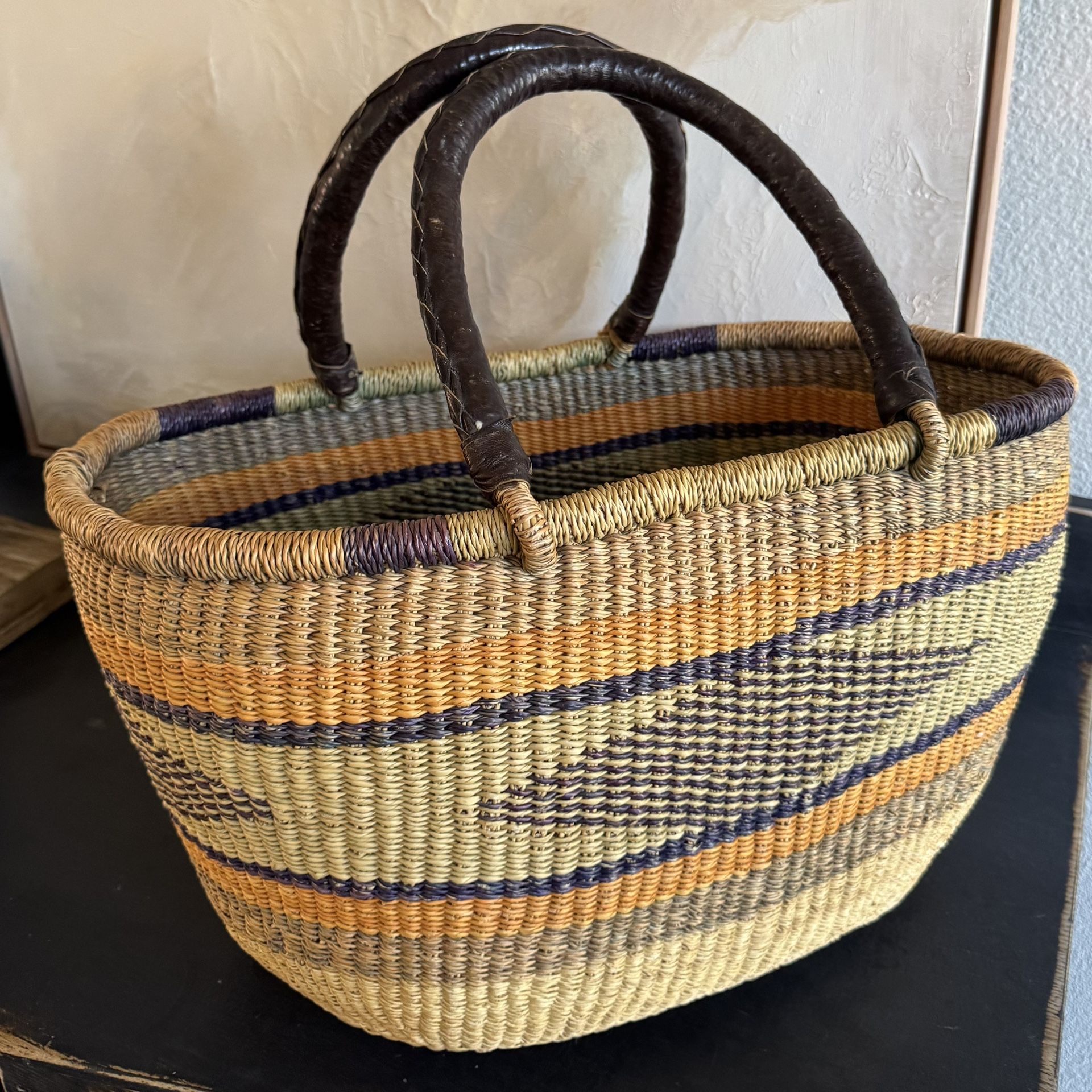Large Farmers Market/Garden Basket, Bolga Basket From Ghana, Leather Straps, Rafia Geo Pattern