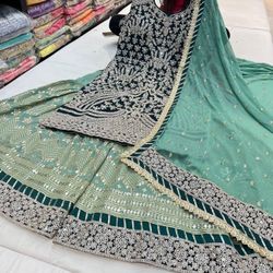 Dark green formal Wedding Partywear Sharara Kurta Set, Heavy Embroidered Salwar Kameez Suit