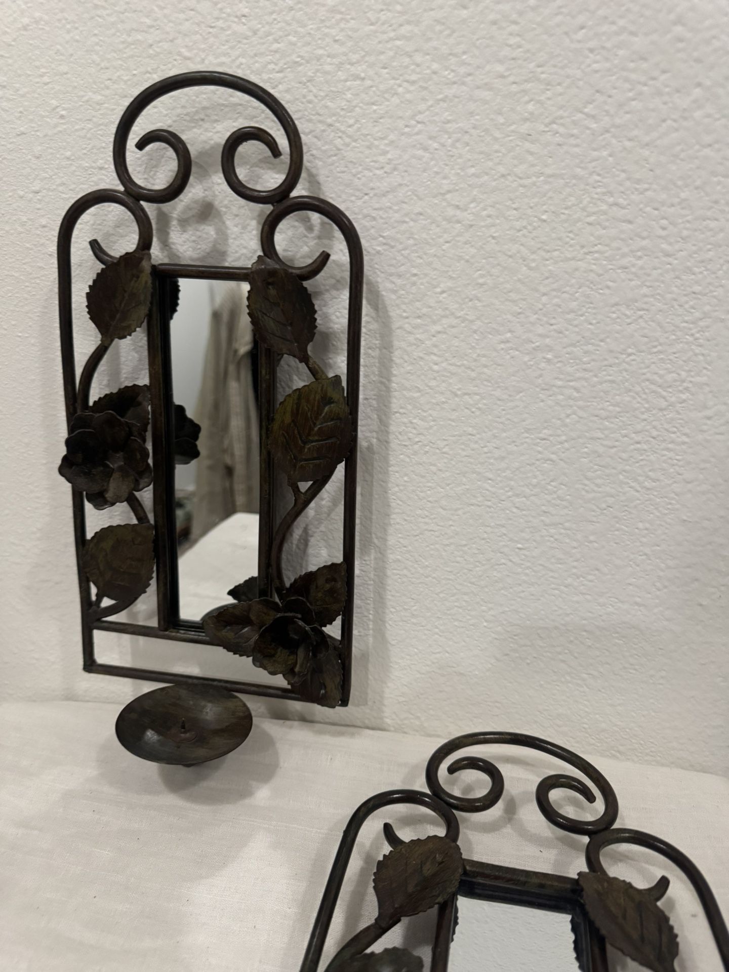 Pair of Rose & Leaf Wrought Iron Mirror Candle Sconces
