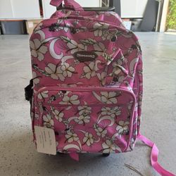 New Hawaiian Print Purple Rolling Wheeled Backpack 