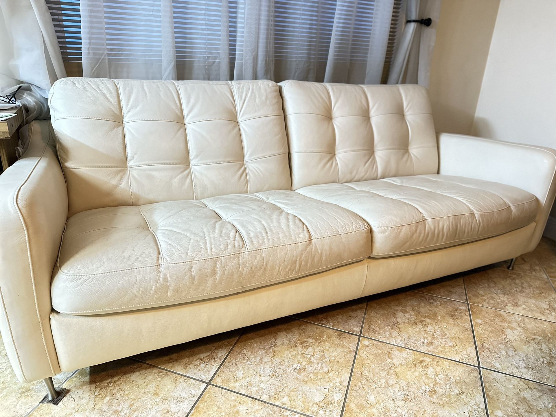 Tufted White Leather Couch