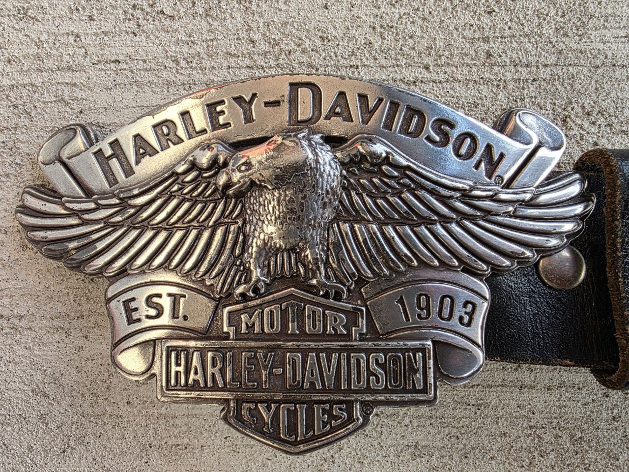 HARLEY-DAVIDSON Studded Leather Belt with Eagle Buckle – Size 34 – 44.5” Total Length