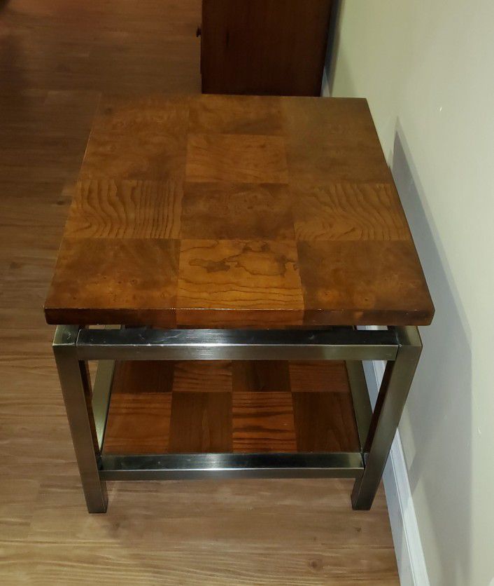 Vintage Mid Century Oak Block & Chrome Industrial Modern Table