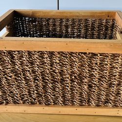 Woven Basket w/Wood, Heavy, Rectangular 11” X15” X 8 1/2” Tall.