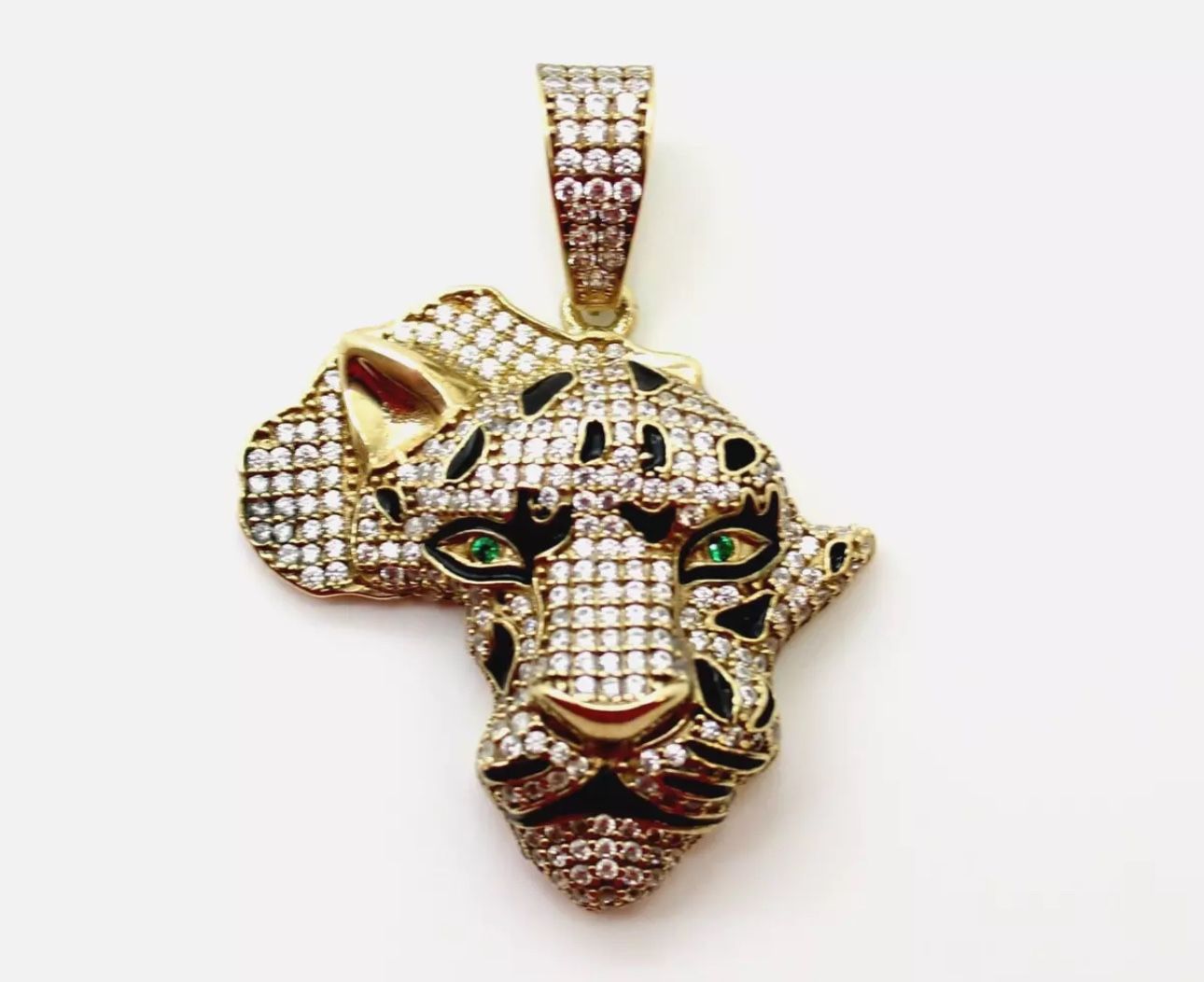 10K Yellow Gold Tiger Head & Africa Map Pendant w/Pave Cubic Zirconia Stones