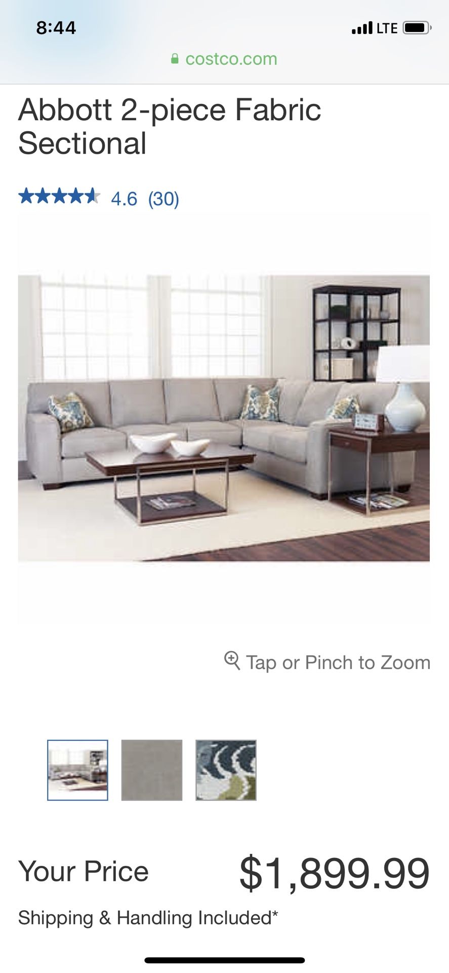 (Costco) Abbott 2-piece Fabric Sectional like new 3 months old