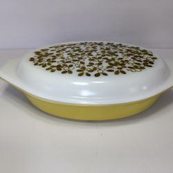 Vintage Pyrex Verde Olive Branch Split Casserole Dish with Lid