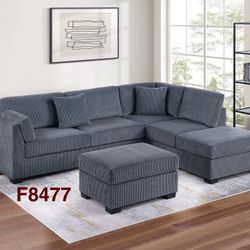 GREY CORDUROY SECTIONAL WITH OTTOMAN  