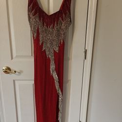 100% Hand Beaded Red Gown With Slit, Size M