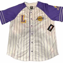 Los Angeles Lakers White Baseball Jersey Mens L & XL Pin Stripe Embroidered Logo