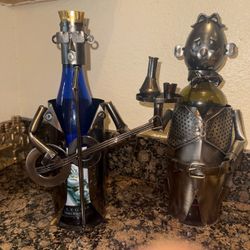 Vintage Set of 2 Metal Wine Bottle Holders Musician Guitar Chef Bar Decor Sculpture