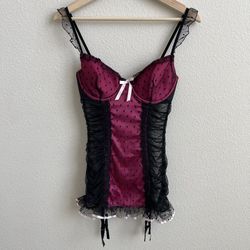 VICTORIA’S SECRET Hot Pink Black Polka Dot Mesh Ruffle Garter Lingerie Bustier