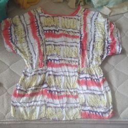 Pink and White Ruched Short Sleeve Blouse