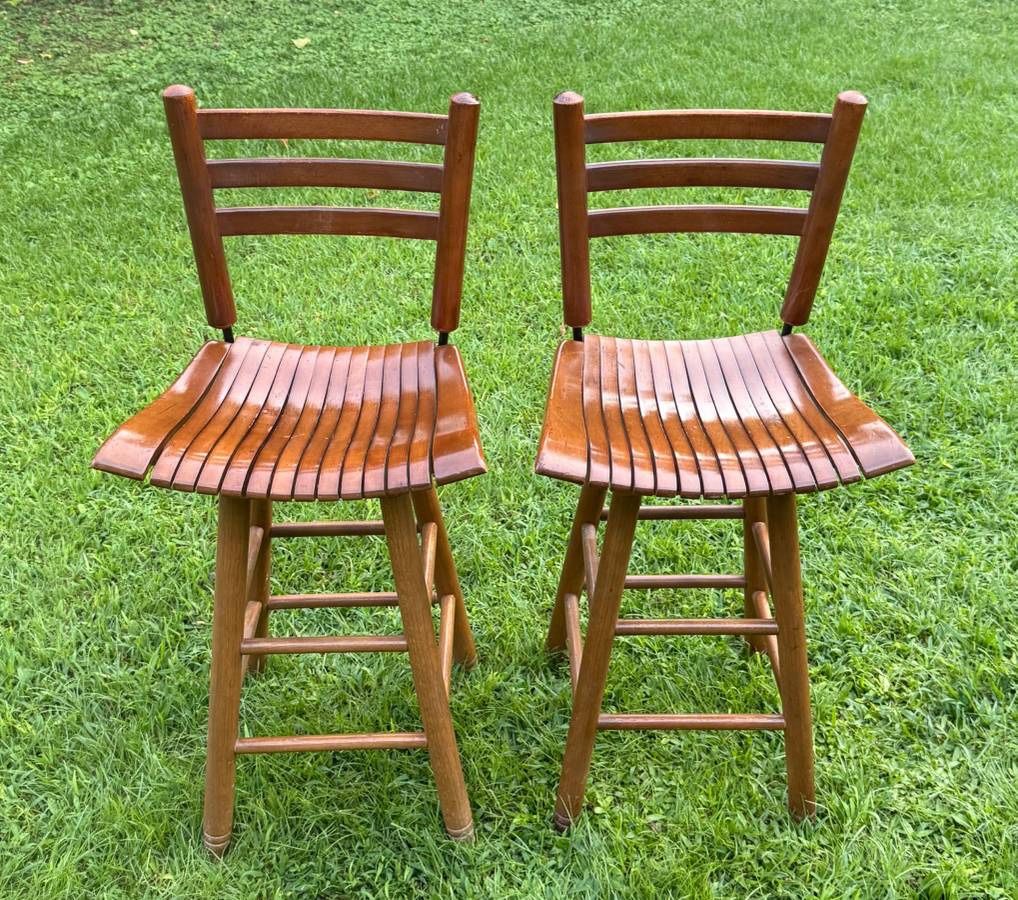 Pair Of Slat Wood Swivel Barstools