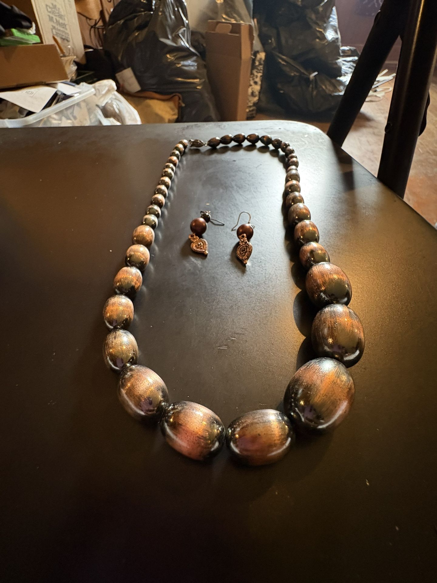Vintage Graduated Copper Tone Beaded Necklace with Earrings Set