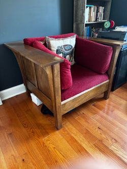Mission Style Oak Armchair with Red Cushions