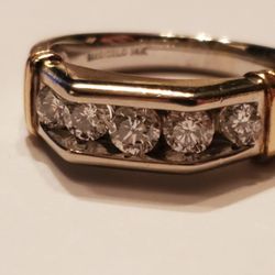 Beautiful 5 DIAMOND 14K Solid White & Yellow Gold Mens Band Ring