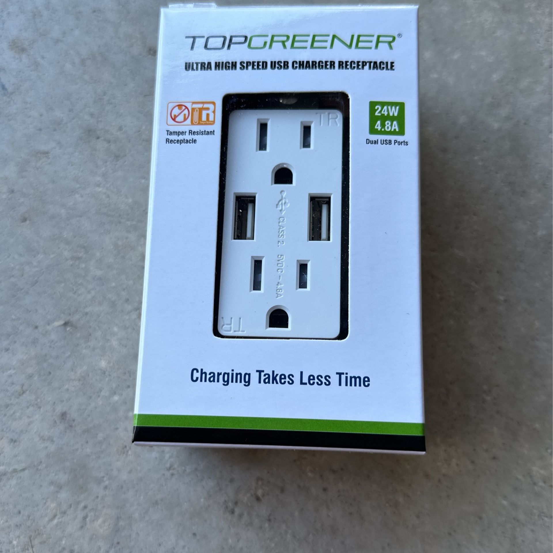 NEW - Top Greener High Speed 4.8A-24W Dual USB Wall Outlet (TU21548A-W)
