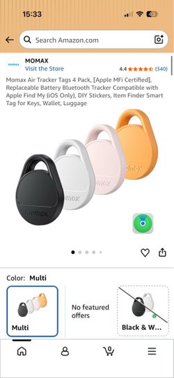 Momax Air Tracker Tags 4 Pack, [Apple MFi Certified], Replaceable Battery Bluetooth Tracker Compatible with Apple Find My (iOS Only), DIY Stickers, It