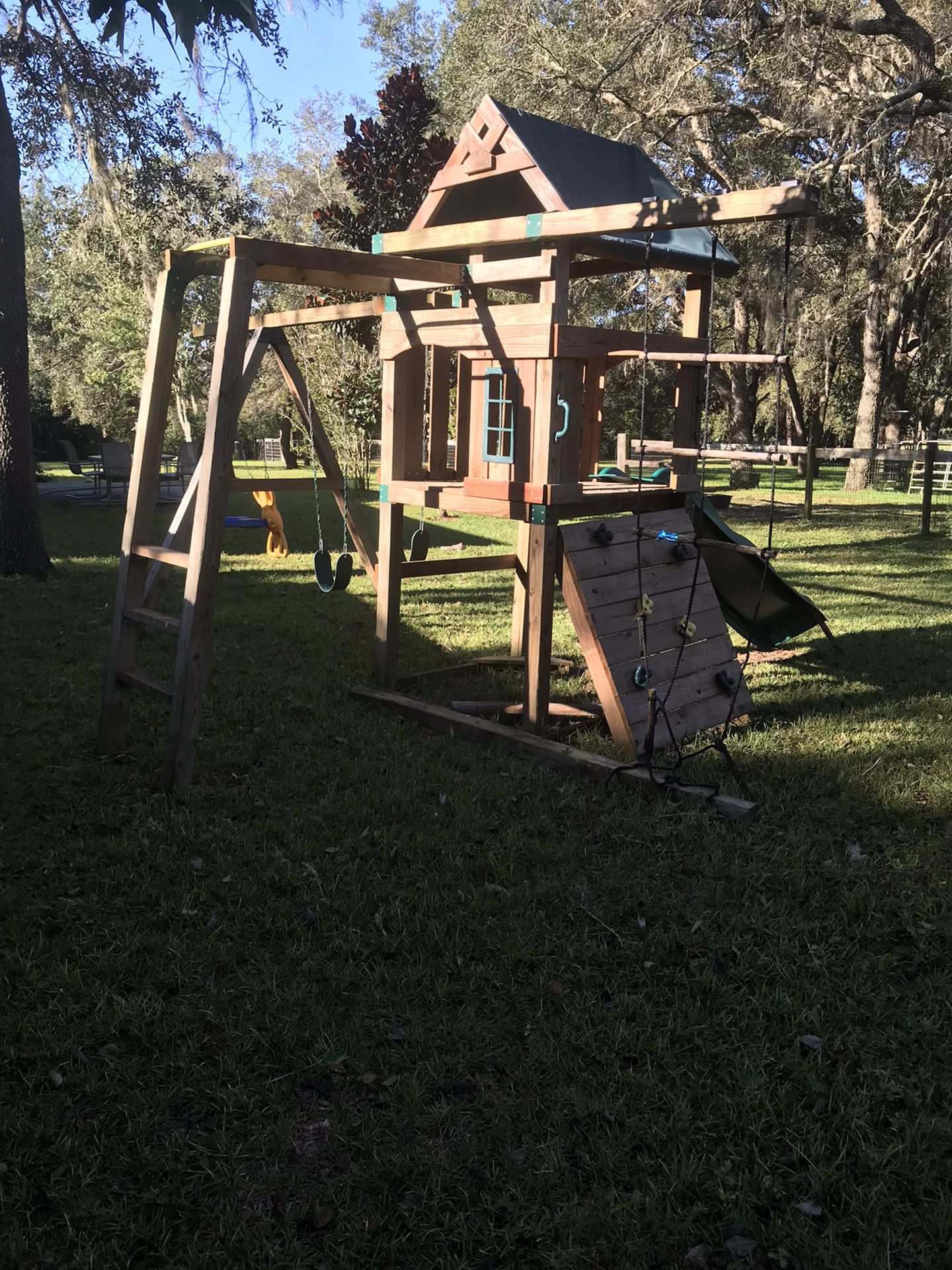 All Wood Play  House With Slide ,rock Wall Swings & Monkey Baro