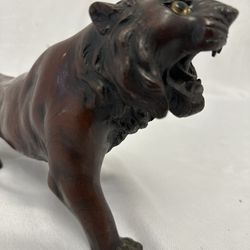 VINTAGE JAPANESE PAINTED BRONZE ROARING TIGER WITH STRIPES & GLASS EYES - EXCELLENT CONDITION!