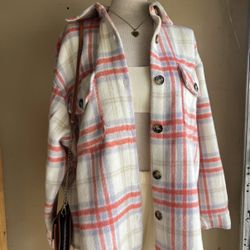 Womens Flannel Shacket Coat Pink Nude White 