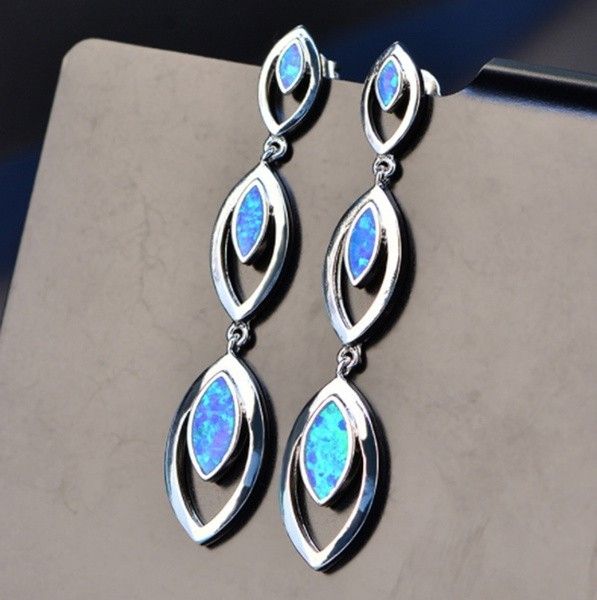 Classy 925 Sterling Silver Long Clasal Blue Gemstone Mosaic Opal Earrings