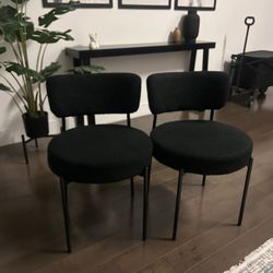 Set Of 2 Two Sherpa Shearling Fur Black Dining Chairs Modern Mid Century Minimalist