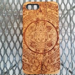 Aztec Mayan Calendar design laser engraved wood case for iPhone and Samsung Galaxy