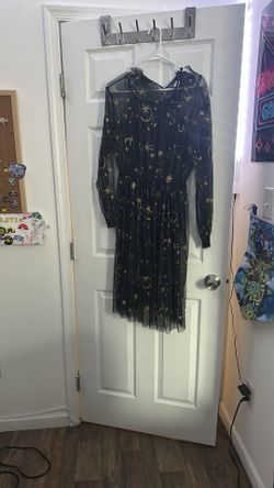 Youmu Black Mesh Celestial Midi Dress – Moon & Star Print Witchy Gothic Dress