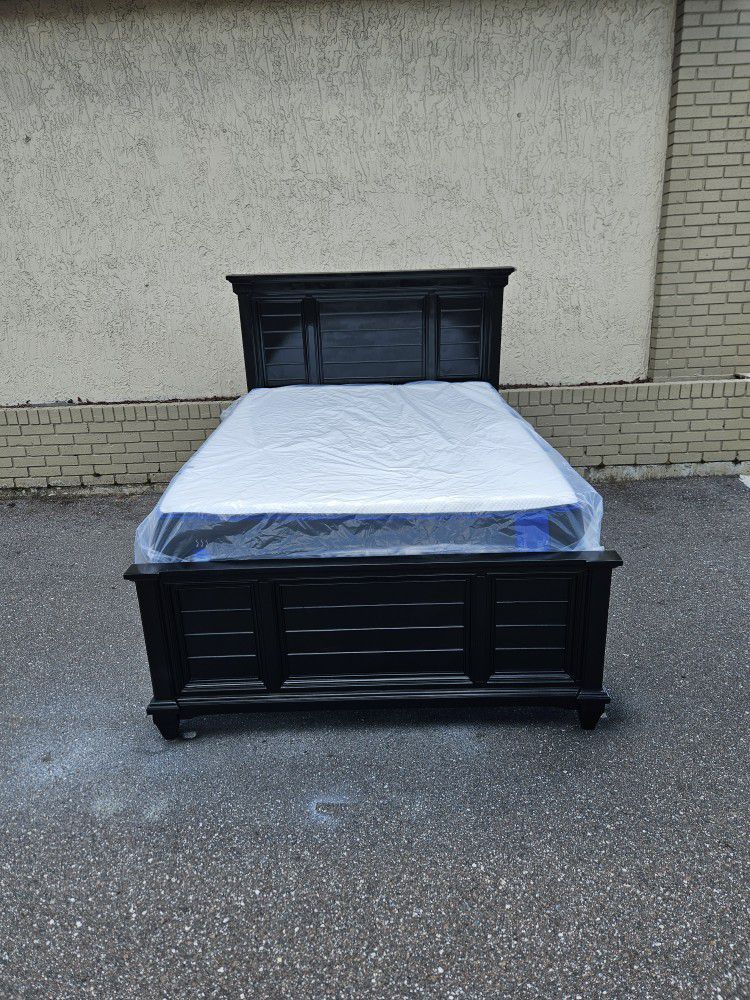 Black Full size Hilton Bed frame with brand new full size plush Mattress and spring in plastics 