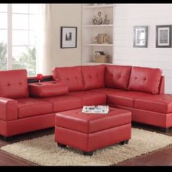 RED BONDED LEATHER SOFA SECTIONAL WITH CUPHOLDERS NEW