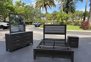 Modern Full Size Dark Wood Bedroom Set with Bed Frame, Dresser, Mirror, and Nightstand