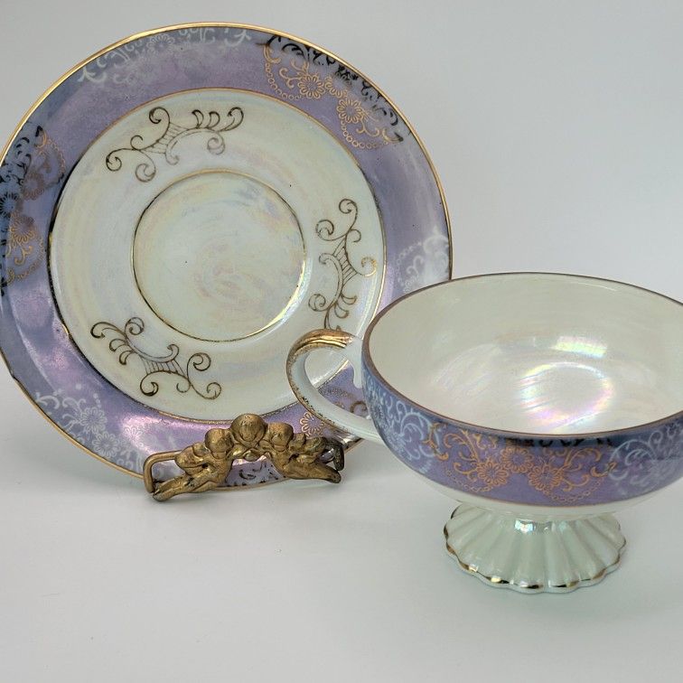 Vintage Napco Cup & Saucer C-6912 Iridescent Purple & White Gold Gilt