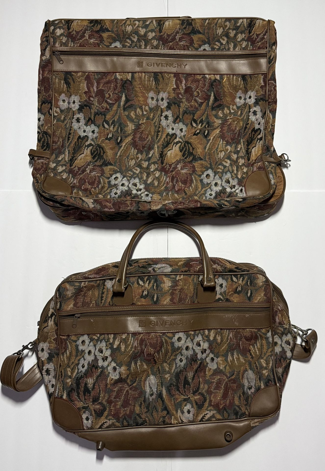 Vintage Givenchy Tweed Flowered Duffel Bag And Garment Bag Luggage Leather Trim