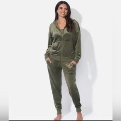 Felina Womens Tracksuit green Black 2 Piece Velour Hoodie Jogger Soft Relaxed Ft