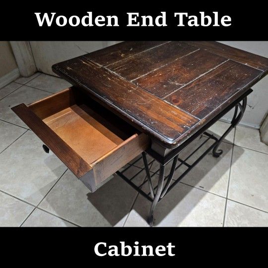 Rustic Wood & Metal End Table – Dark Brown Top, Black Legs