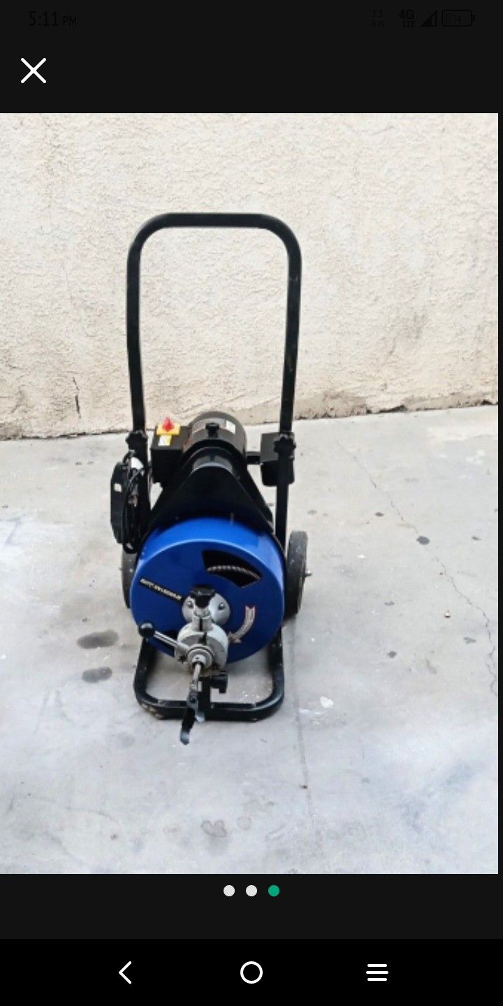 Comercial Sewer Snake Drill Drain  Auger Cleaner Cable 60 Feet Long  1/2" 3 Cutter Set  & Foot Switch  With Wheels New Never Got To Used 