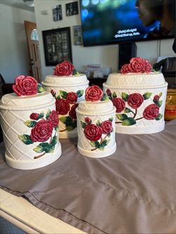 Vintage Large KK Ceramic Cookie Jar & 3 Kitchen Canisters 3D Roses MCM