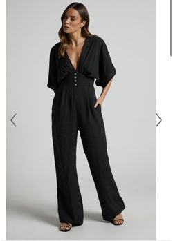 FLUTTER SLEEVE V-NECK BUTTON FRONT WIDE LEG JUMPSUIT
